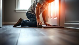 Step-by-step guide to replacing laminate floors in a mudroom with tools and materials shown.