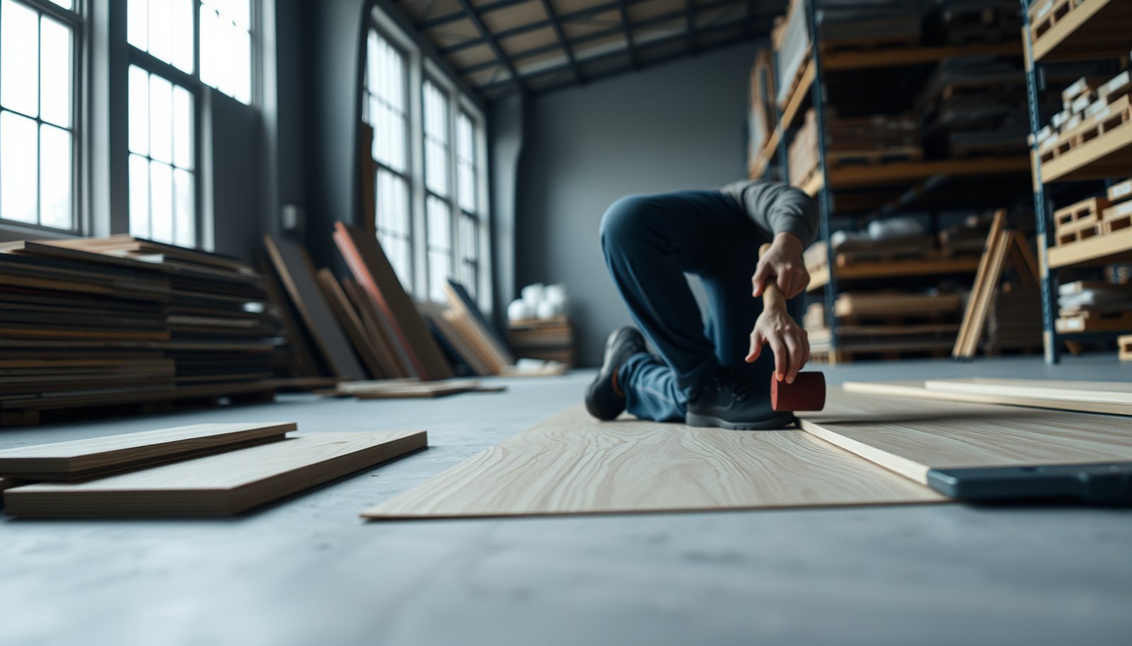 Step-by-step guide on replacing laminate floors in a warehouse environment.