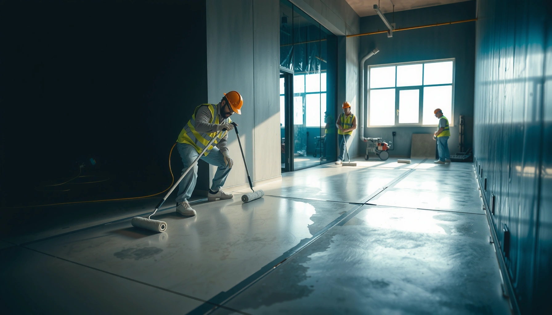 Step-by-step guide on how to replace polyaspartic floors with tools and materials shown.