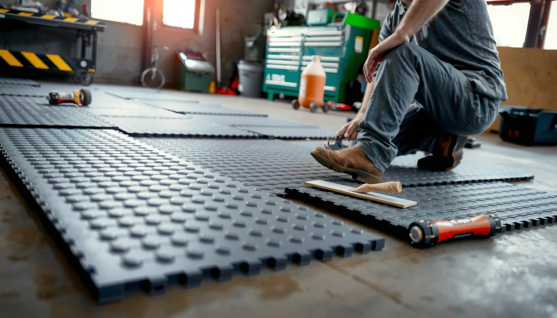 Step-by-step guide on how to replace rubber floors, featuring tools and materials needed for installation.