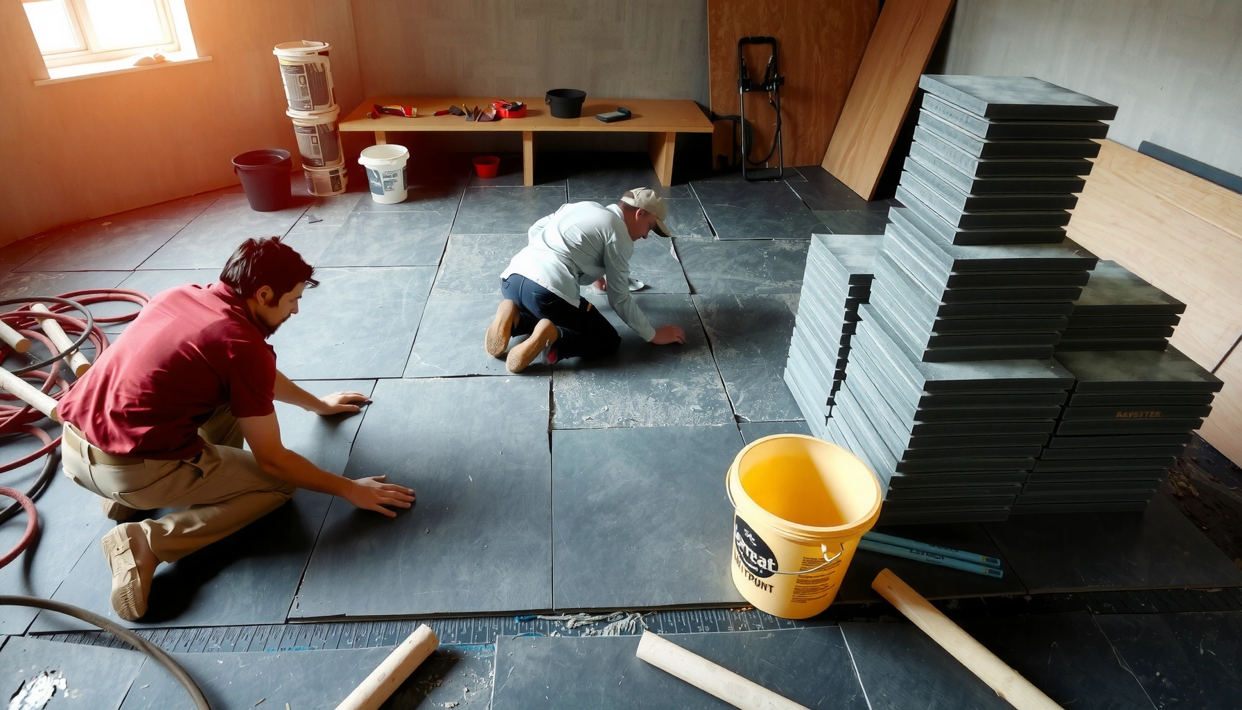 Step-by-step guide for replacing slate floors in a home renovation project.