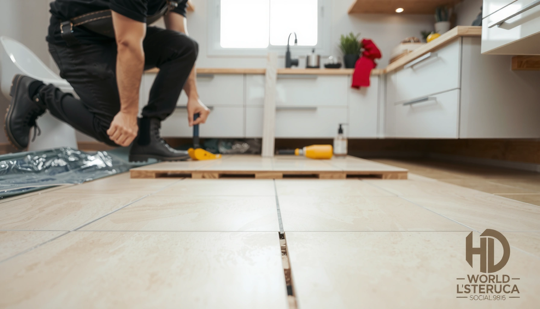 Step-by-step guide on how to replace travertine floors with tools and materials shown.