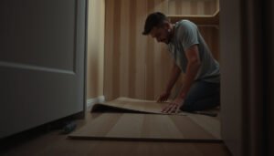 Step-by-step guide for replacing vinyl floors in a closet, showcasing tools and materials needed.