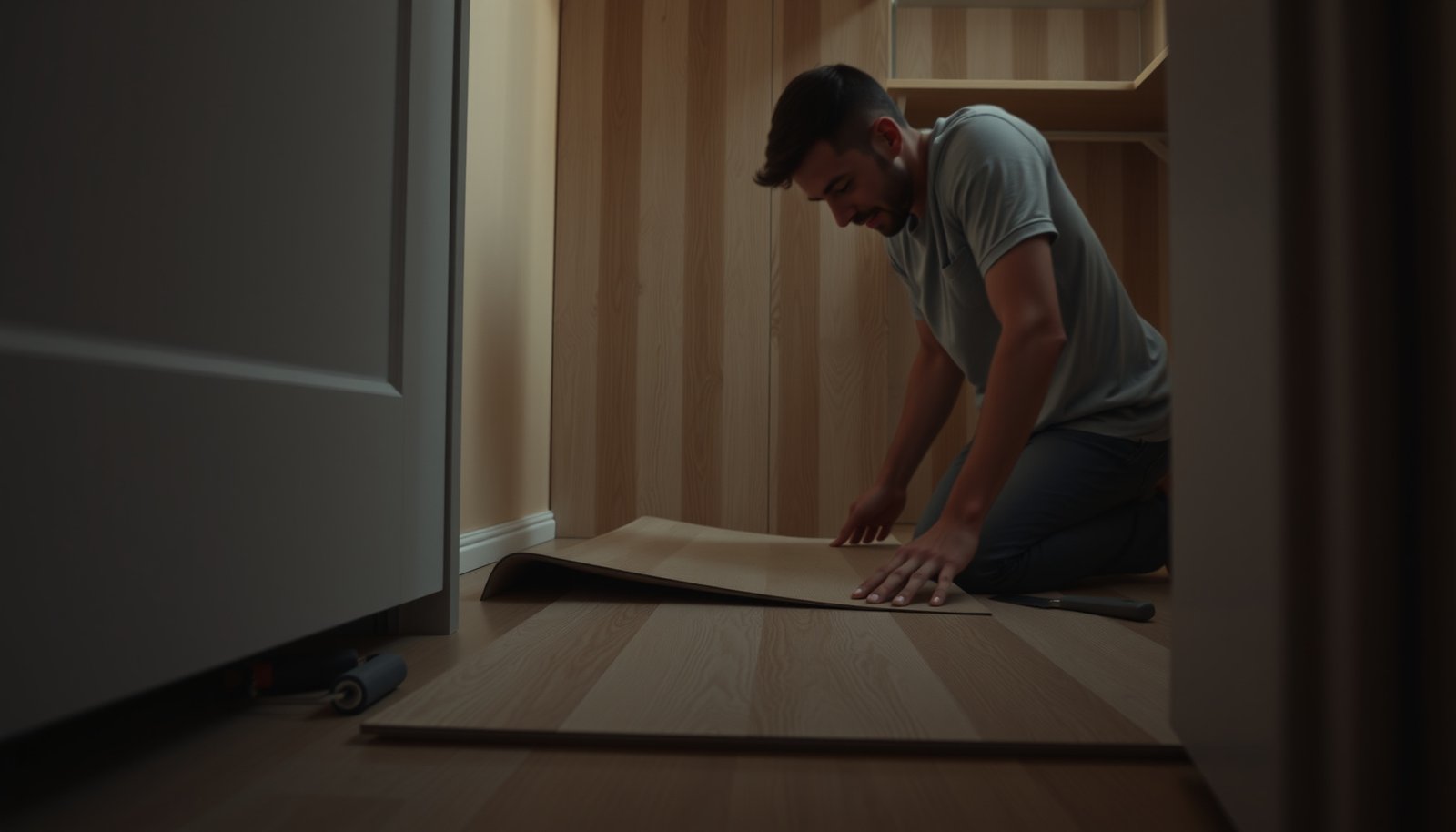 Step-by-step guide for replacing vinyl floors in a closet, showcasing tools and materials needed.