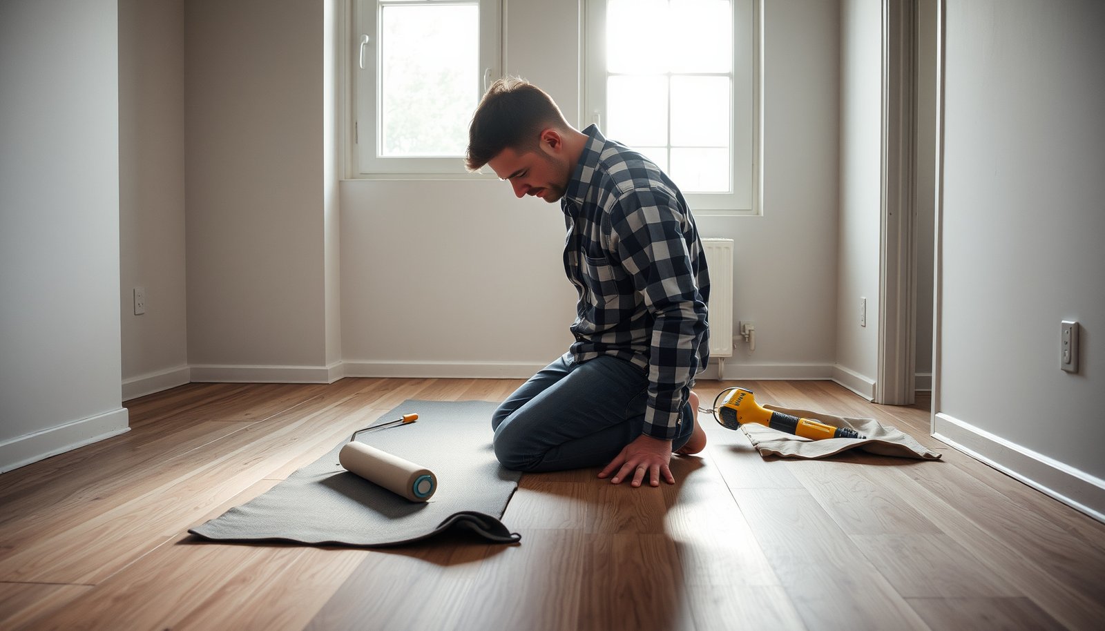 Step-by-step guide on how to replace vinyl floors in an apartment, showcasing tools and materials needed.