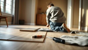 Step-by-step guide on how to replace vinyl floors in a dining room with tools and materials shown.