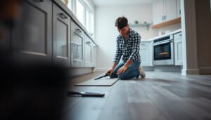 Step-by-step guide for replacing vinyl floors in a kitchen, showcasing tools and installation process.