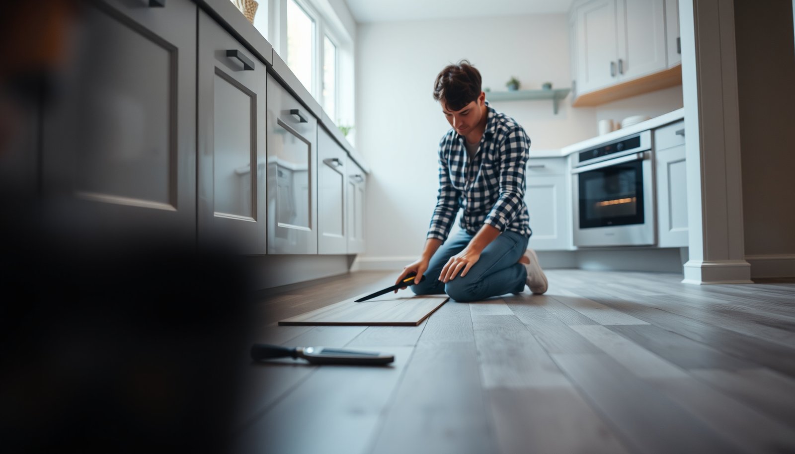 Step-by-step guide for replacing vinyl floors in a kitchen, showcasing tools and installation process.