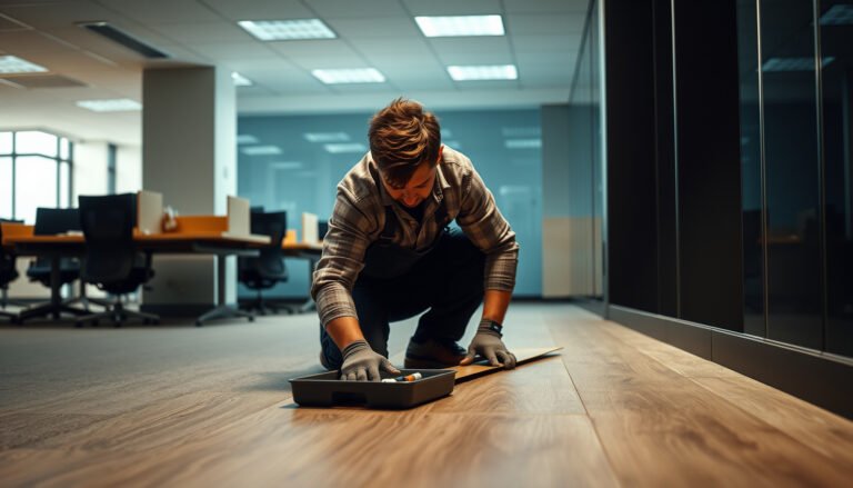 Step-by-step guide to replacing vinyl floors in a commercial office setting.