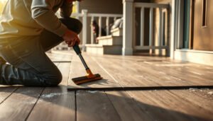 Step-by-step guide for replacing vinyl floors in a porch, showcasing tools and materials needed.