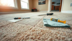 Step-by-step guide on restoring carpet tiles, focusing on fixing and refreshing damaged sections.