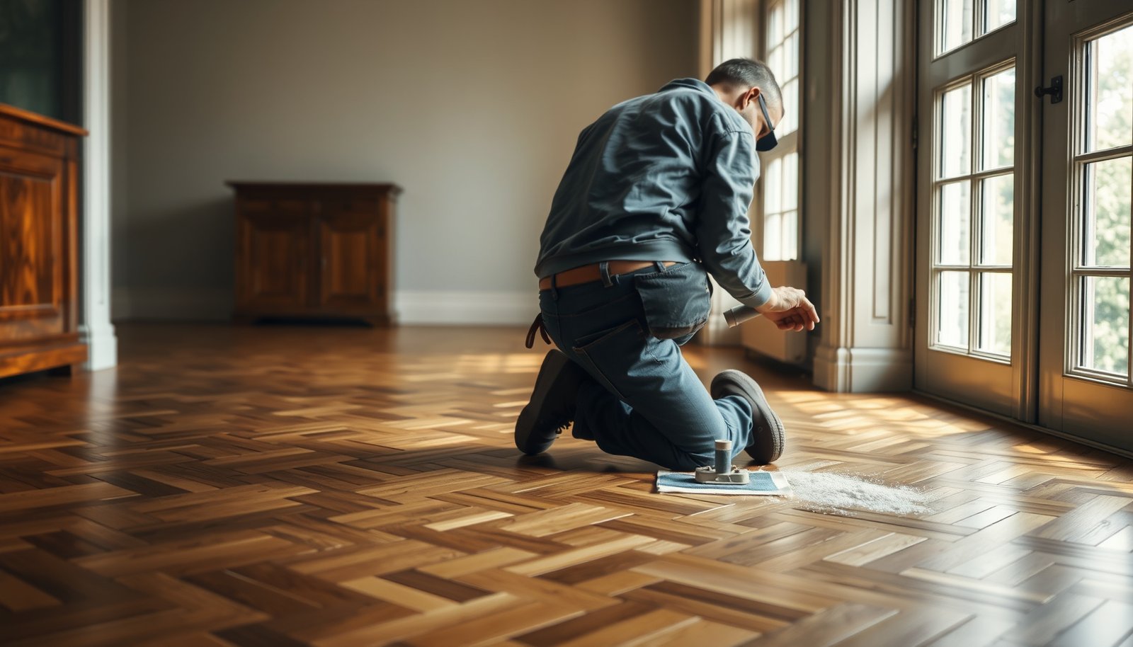 Step-by-step guide on how to restore herringbone floors with tools and techniques.