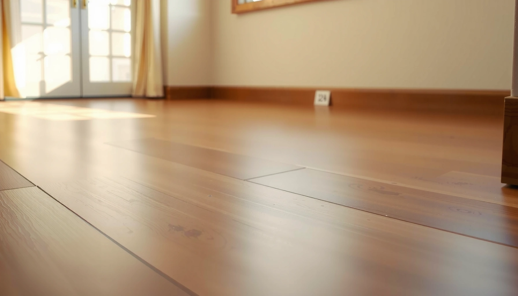 A person applying a laminate floor restoration solution to fix dullness and damage.