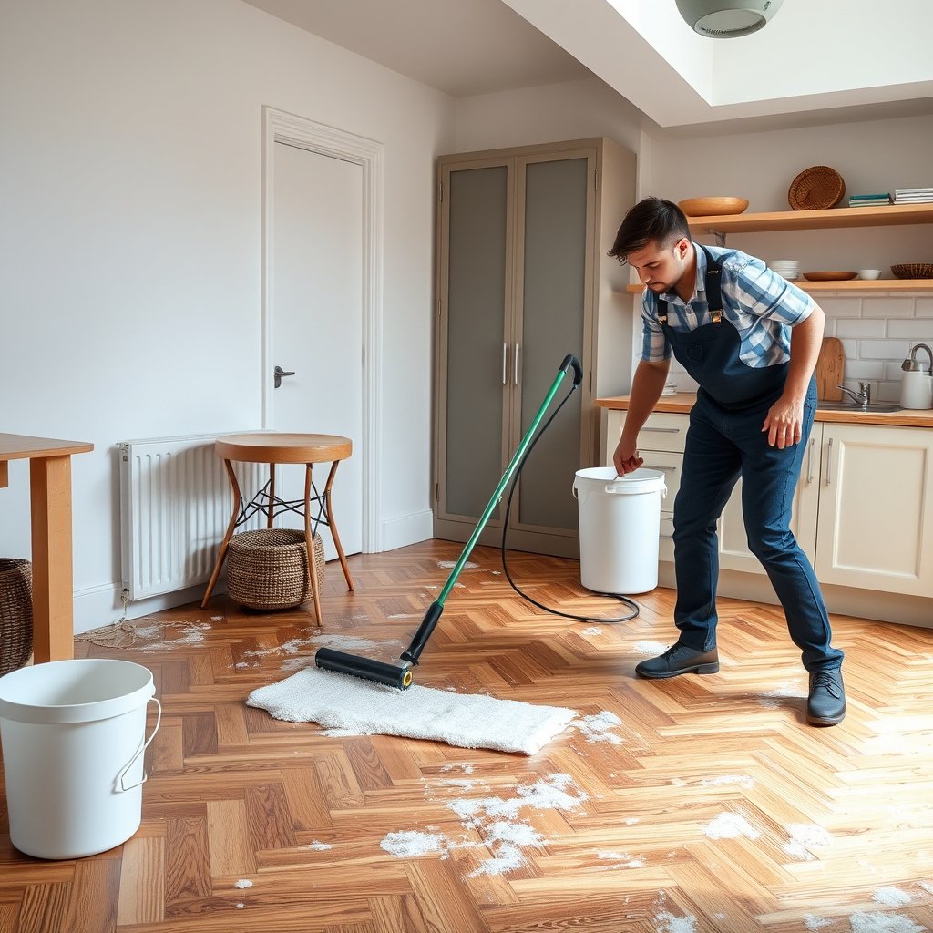 Cleaning herringbone floors by rinsing and drying them thoroughly for deep cleaning success.