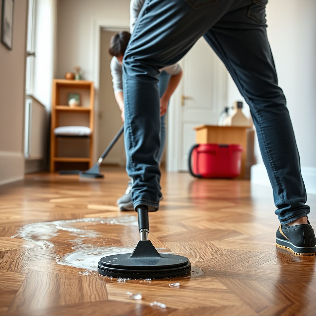 A person cleaning parquet floors with a damp cloth to prevent water damage.