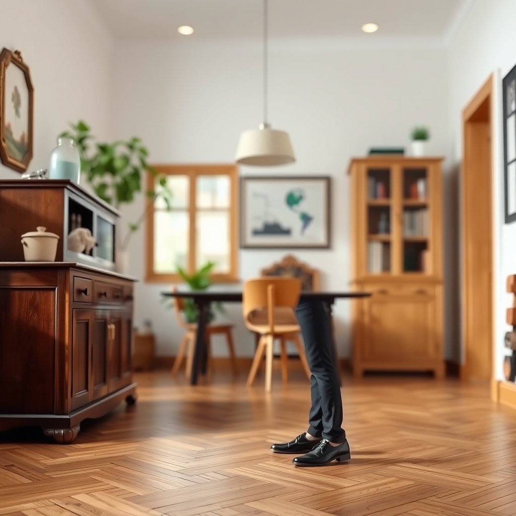 A person using a gentle cleaner on herringbone floors to remove odors without damaging the finish