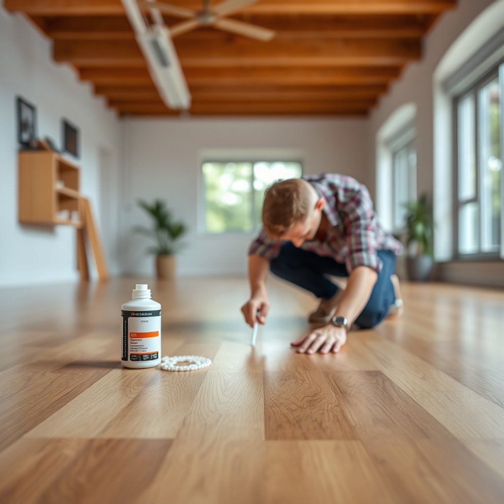 Person demonstrating safe methods to lift adhesive residue from parquet floors.