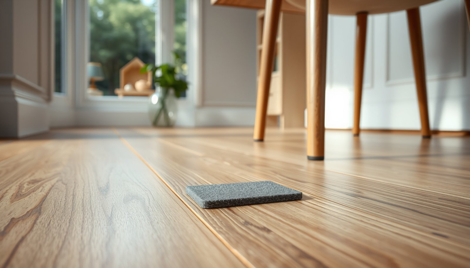 A beautifully arranged dining room with laminate flooring, showcasing safety measures for a secure environment.