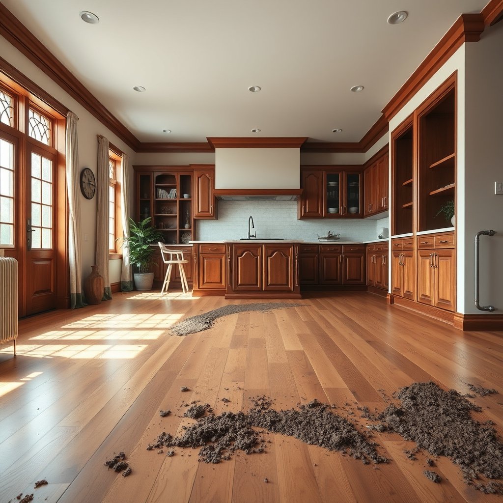 A person safely removing mud from hardwood floors without grinding or soaking the surface.