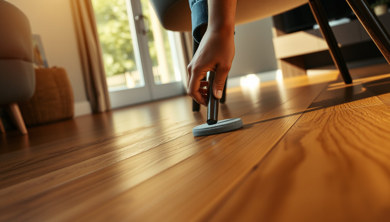 Living room with engineered wood floors featuring safety enhancements for a secure environment