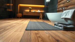 Engineered wood floors in a bathroom with safety features for moisture protection.