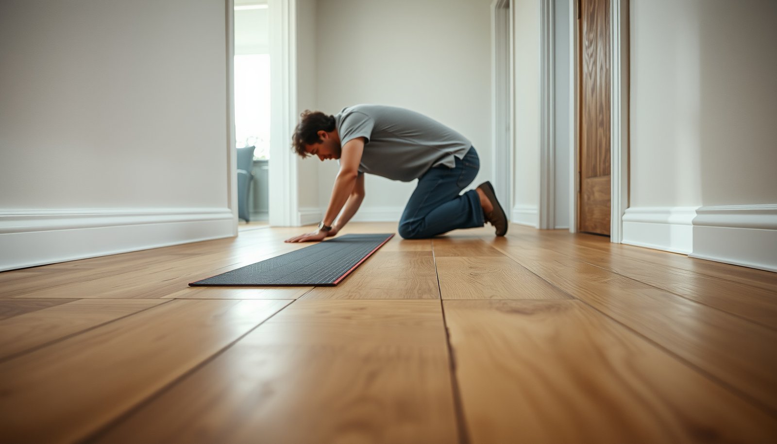 Engineered wood floors in a hallway with safety features for improved traction and stability.
