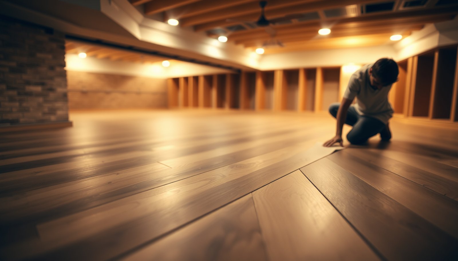 Engineered wood floors in a basement with safety features for enhanced durability and moisture resistance.