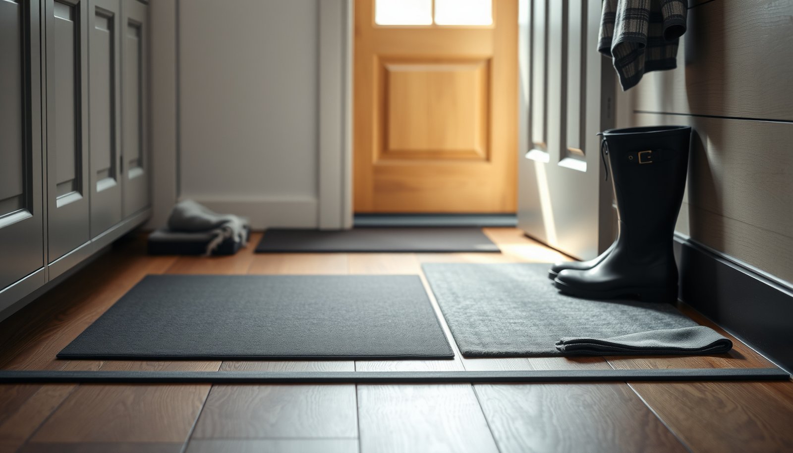 Engineered wood floors with safety features in a mudroom setting, enhancing durability and safety.