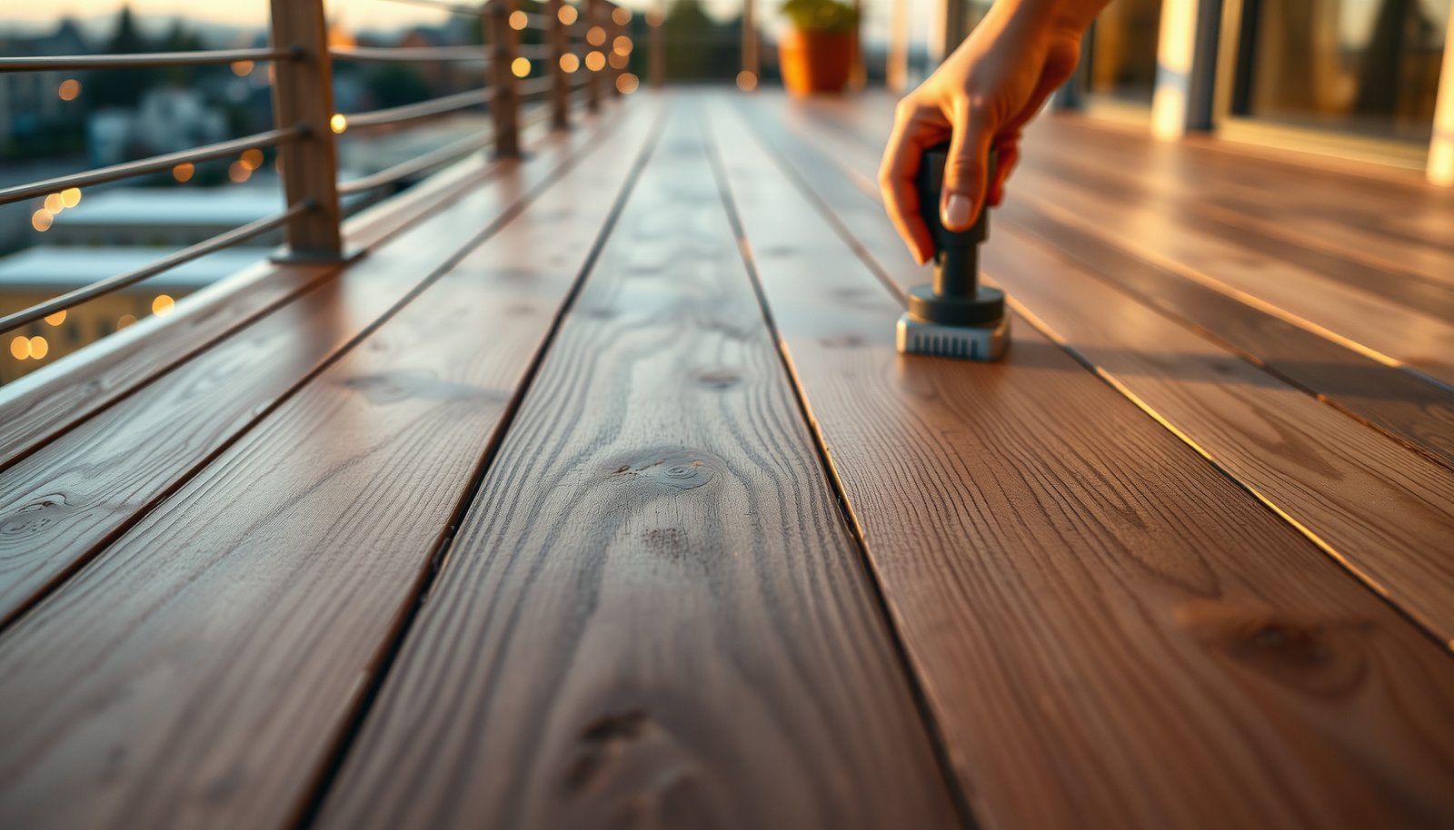 Engineered wood floors on a balcony with safety features for enhanced stability and protection.