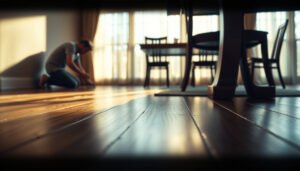 A dining room featuring hardwood floors with safety measures for preventing slips and falls.