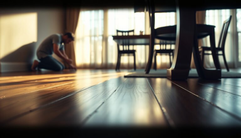 A dining room featuring hardwood floors with safety measures for preventing slips and falls.