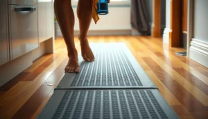 Image showing tips for making hardwood floors safer in a bathroom setting.