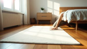 A bedroom with hardwood floors featuring safety measures like rugs and non-slip pads.