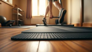 A home gym with hardwood floors featuring safety mats and equipment for safer workouts.