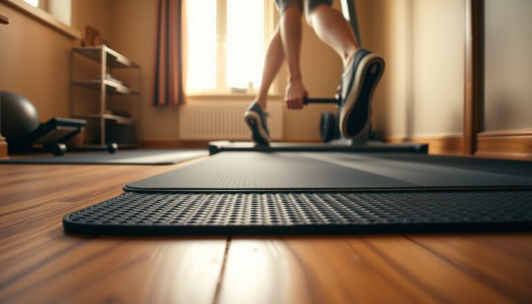 A home gym with hardwood floors featuring safety mats and equipment for safer workouts.