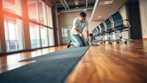 A commercial office with hardwood floors featuring safety measures for improved traction and stability.