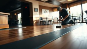 A restaurant interior with hardwood floors and safety measures in place to prevent slips and falls.