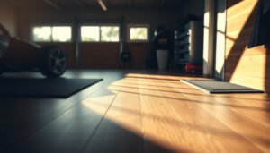 A garage with laminate flooring, showcasing safety measures for enhanced grip and stability.