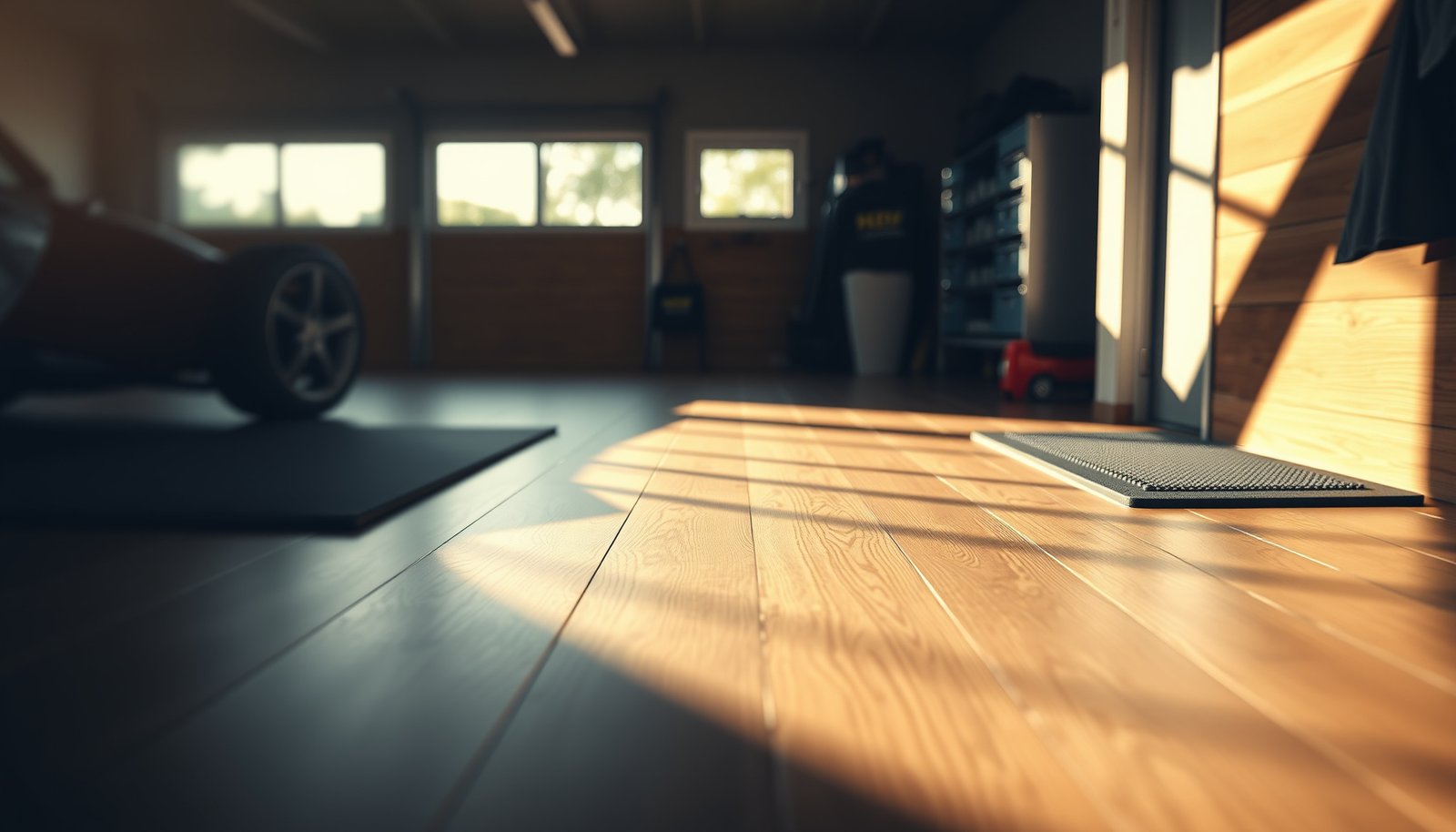 A garage with laminate flooring, showcasing safety measures for enhanced grip and stability.
