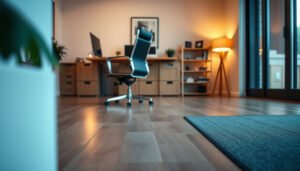 A home office with laminate flooring featuring safety measures for better traction and stability.