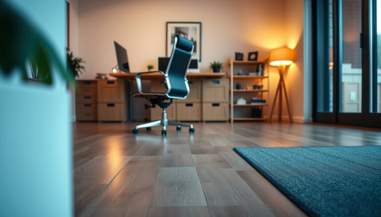 A home office with laminate flooring featuring safety measures for better traction and stability.