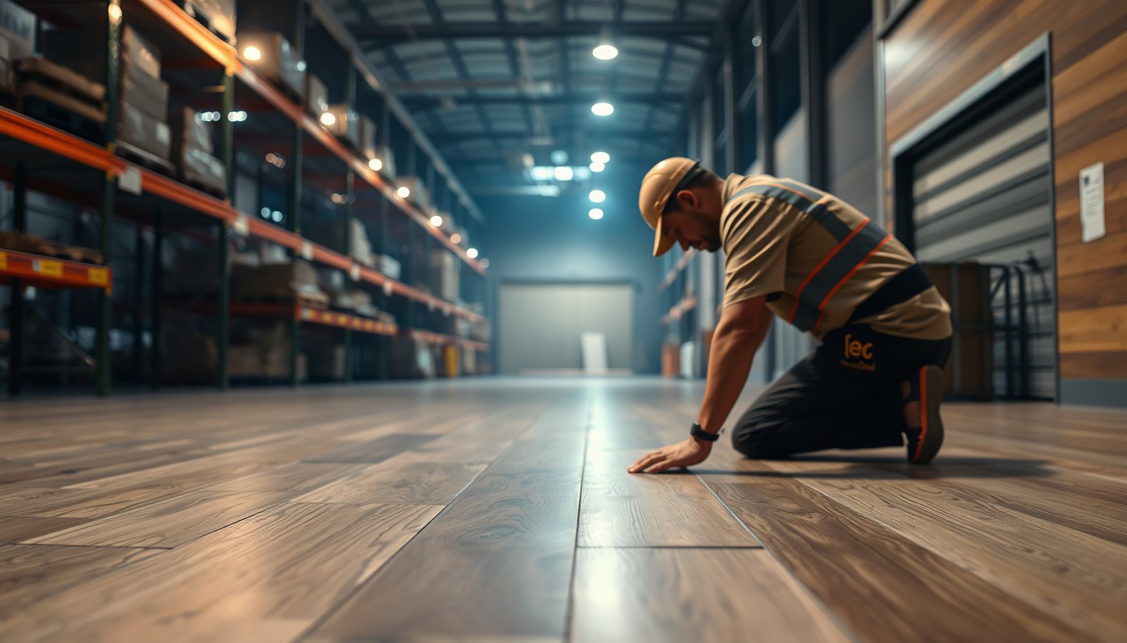 A warehouse worker applying safety measures to laminate flooring for improved safety.