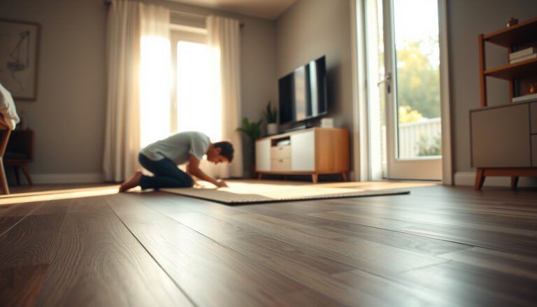 A living room with laminate flooring featuring safety measures to prevent slips and falls.