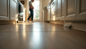 A kitchen with vinyl flooring enhanced for safety, showcasing slip-resistant features and design.