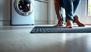 A laundry room with safer vinyl flooring, showcasing non-slip mats and proper cleaning techniques.