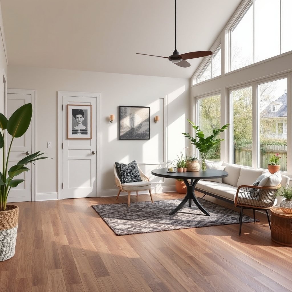 A safety check for vinyl floors in a sunroom, assessing sun exposure, moisture, and footing stability.