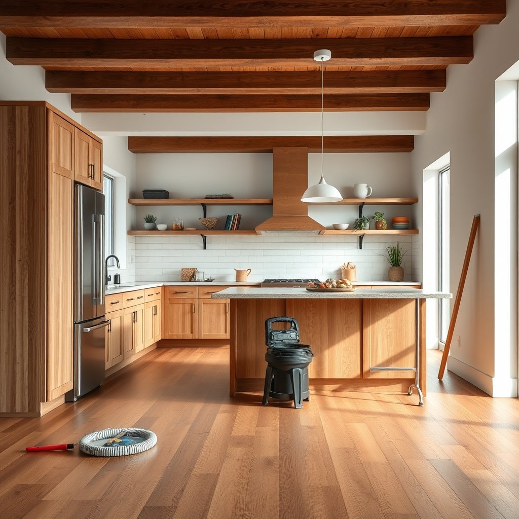 Safety gear and tools for removing hardwood floors in a kitchen preparation