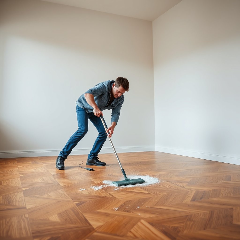 Step 4 of removing scratches from parquet floors, showing sanding and refinishing process.