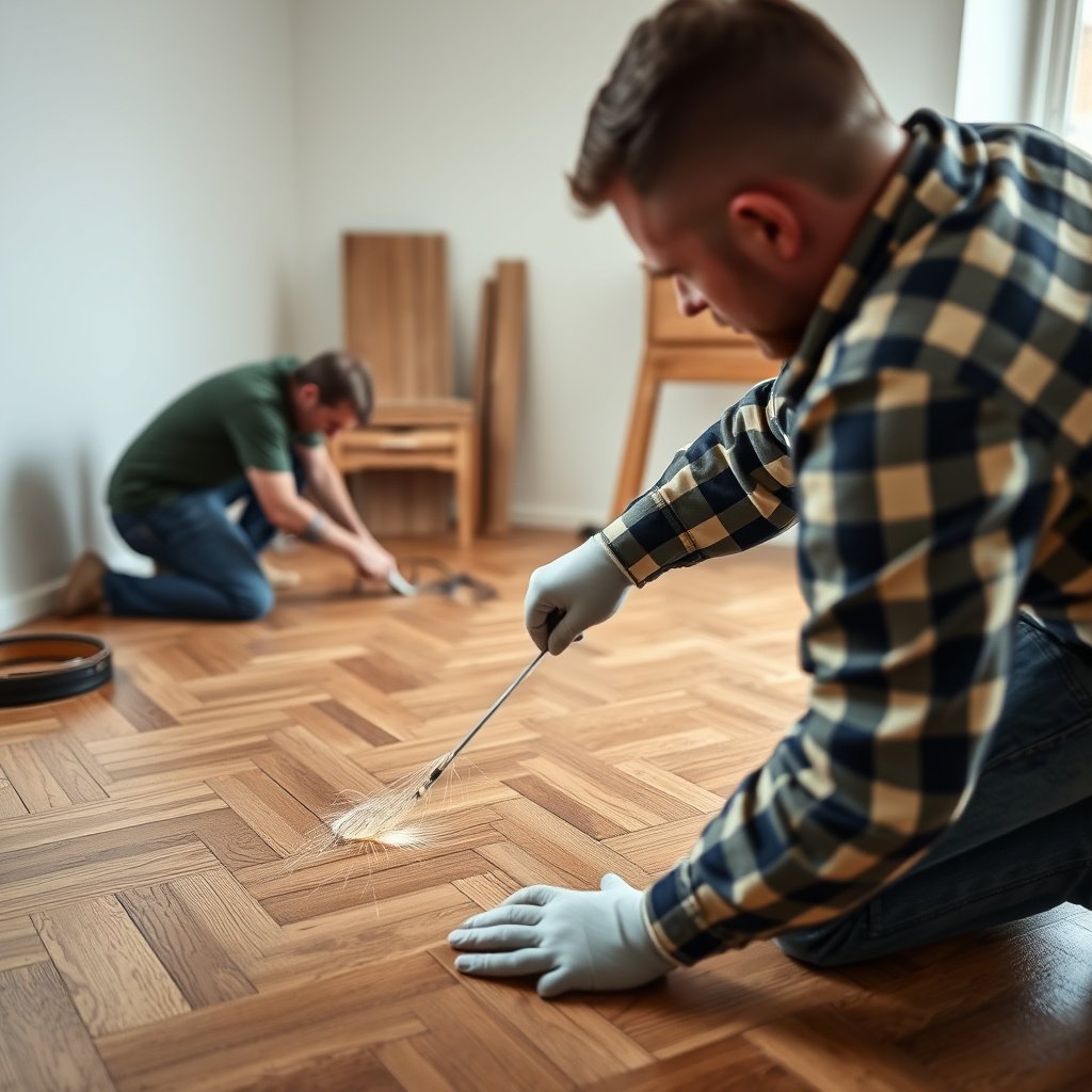 A person sanding a deeper dent in a herringbone floor for repair.