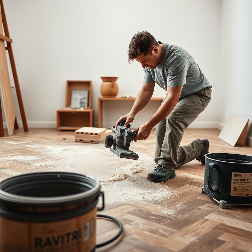 Person sanding herringbone floor, demonstrating correct technique for restoration.